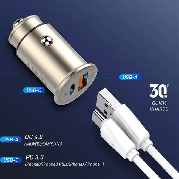 شارژر فندکی 30 وات به همراه کابل تبدیل USB-C الدینیو مدل LDNIO C506 Q — تصویر ۴