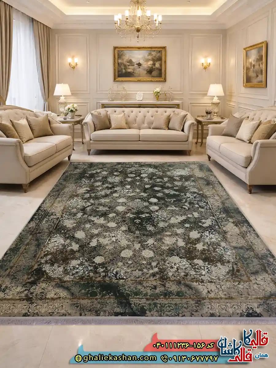 فرش وینتیج 1200 شانه طرح افشان هاکان رنگ طوسی سیلور گل برجسته کاشان