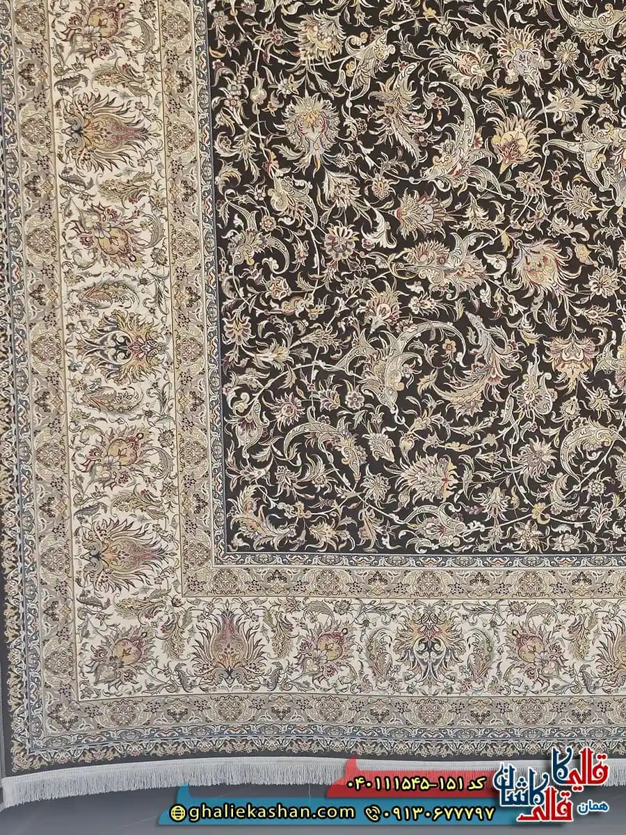 فرش طلاکوب 1500 شانه طرح افشان درباری رنگ طوسی دودی کاشان — تصویر ۳