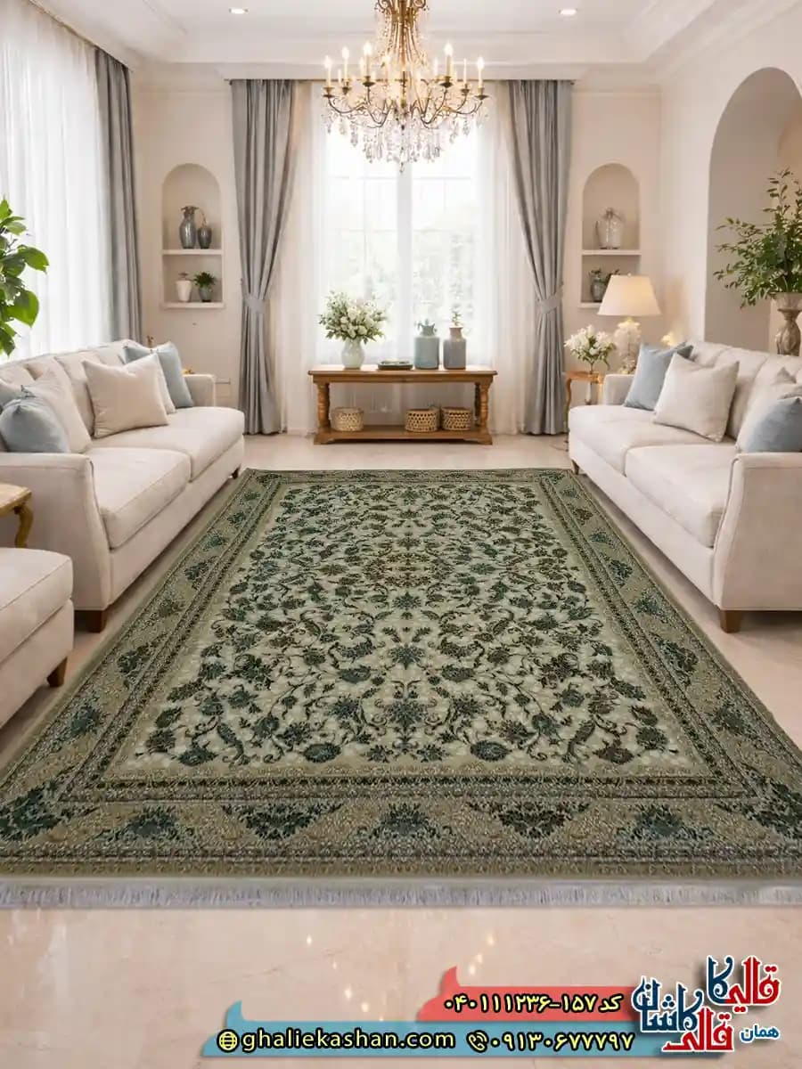 فرش 1200 شانه طرح افشان هدیه رنگ کرم صدفی سبز گل برجسته کاشان
