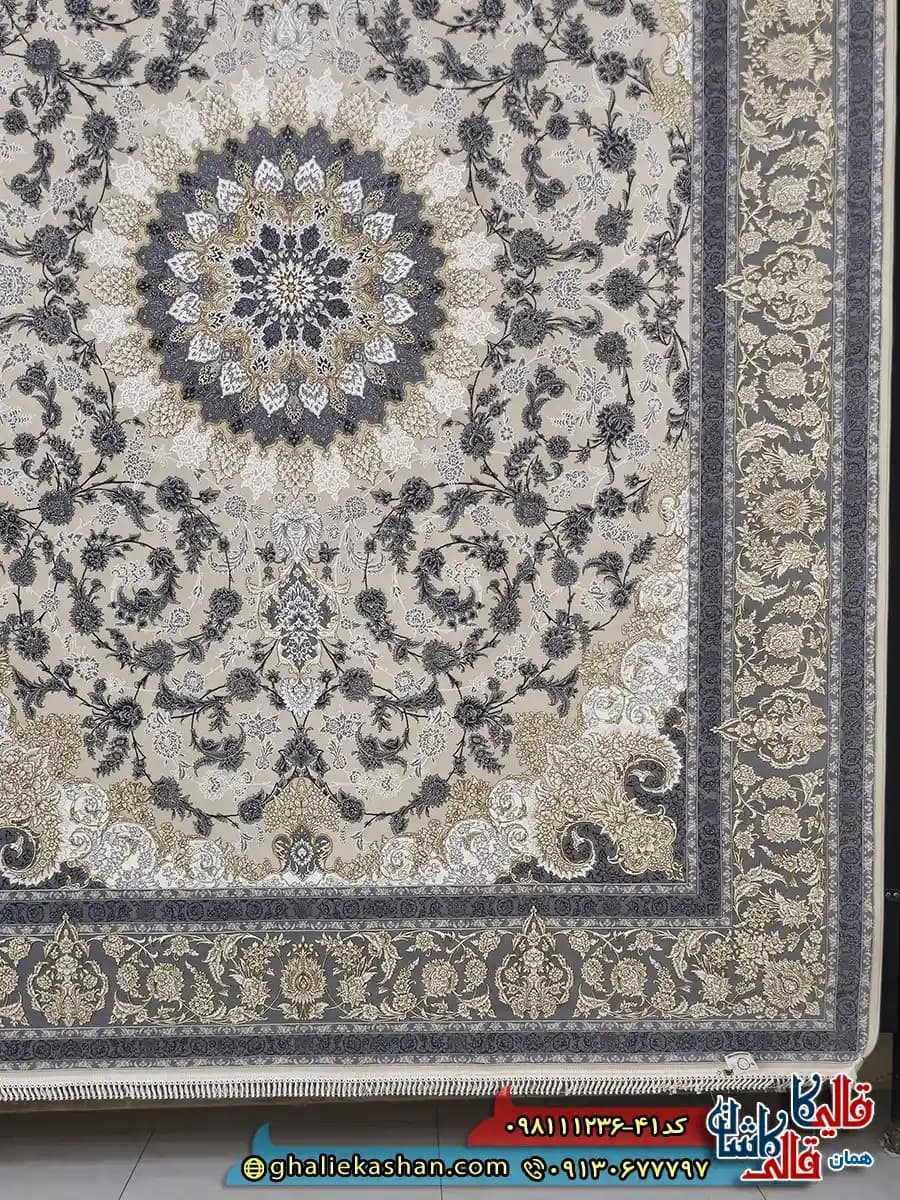 فرش طلاکوب 1200 شانه طرح شاهکار اصفهان رنگ کرم گل برجسته کاشان — تصویر ۳