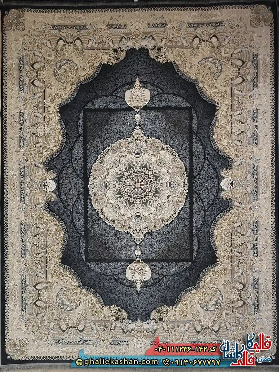 فرش 1200 شانه طرح آبادیس رنگ سرمه ای گل برجسته کاشان — تصویر ۲