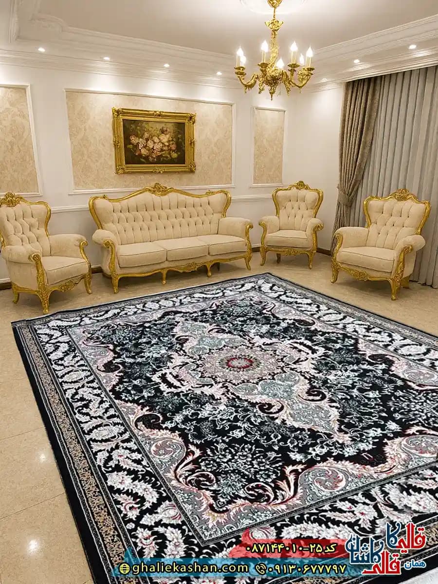 فرش ارزان طرح 700 شانه طرح تارا رنگ مشکی سرمه ای کاشان