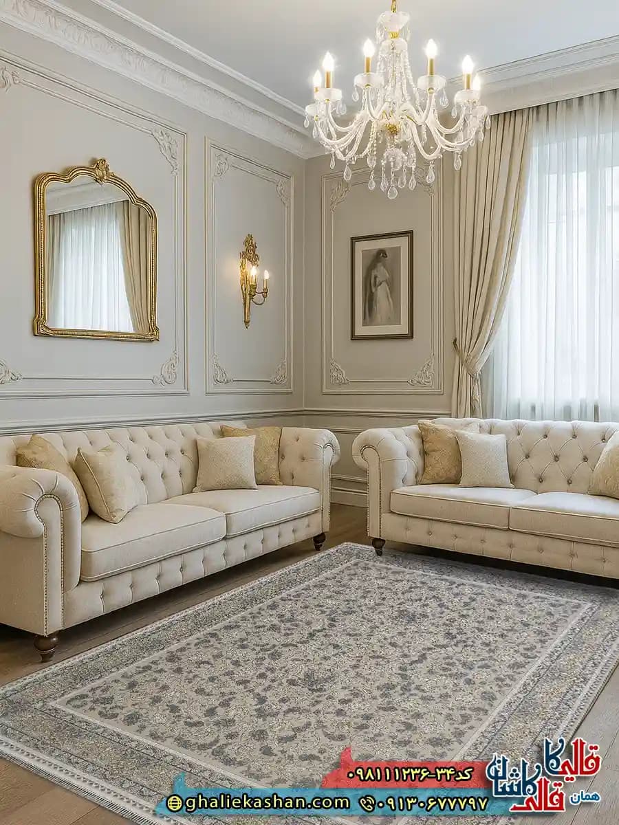 فرش 1200 شانه طرح افشان ملک رنگ کرم صدفی گل برجسته کاشان