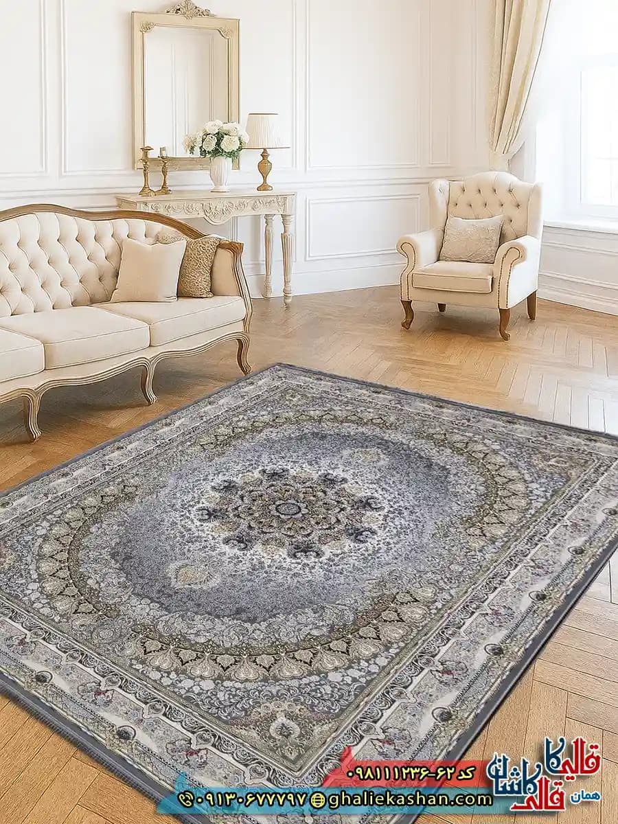 فرش 1200 شانه طرح نایین رنگ طوسی نقره ای گل برجسته کاشان