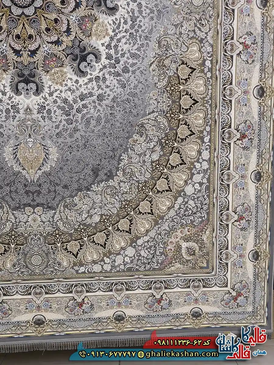 فرش 1200 شانه طرح نایین رنگ طوسی نقره ای گل برجسته کاشان — تصویر ۳