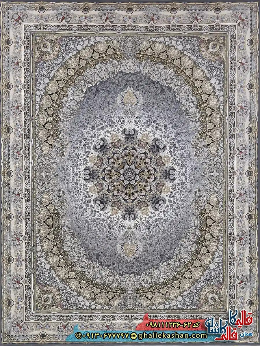 فرش 1200 شانه طرح نایین رنگ طوسی نقره ای گل برجسته کاشان — تصویر ۲