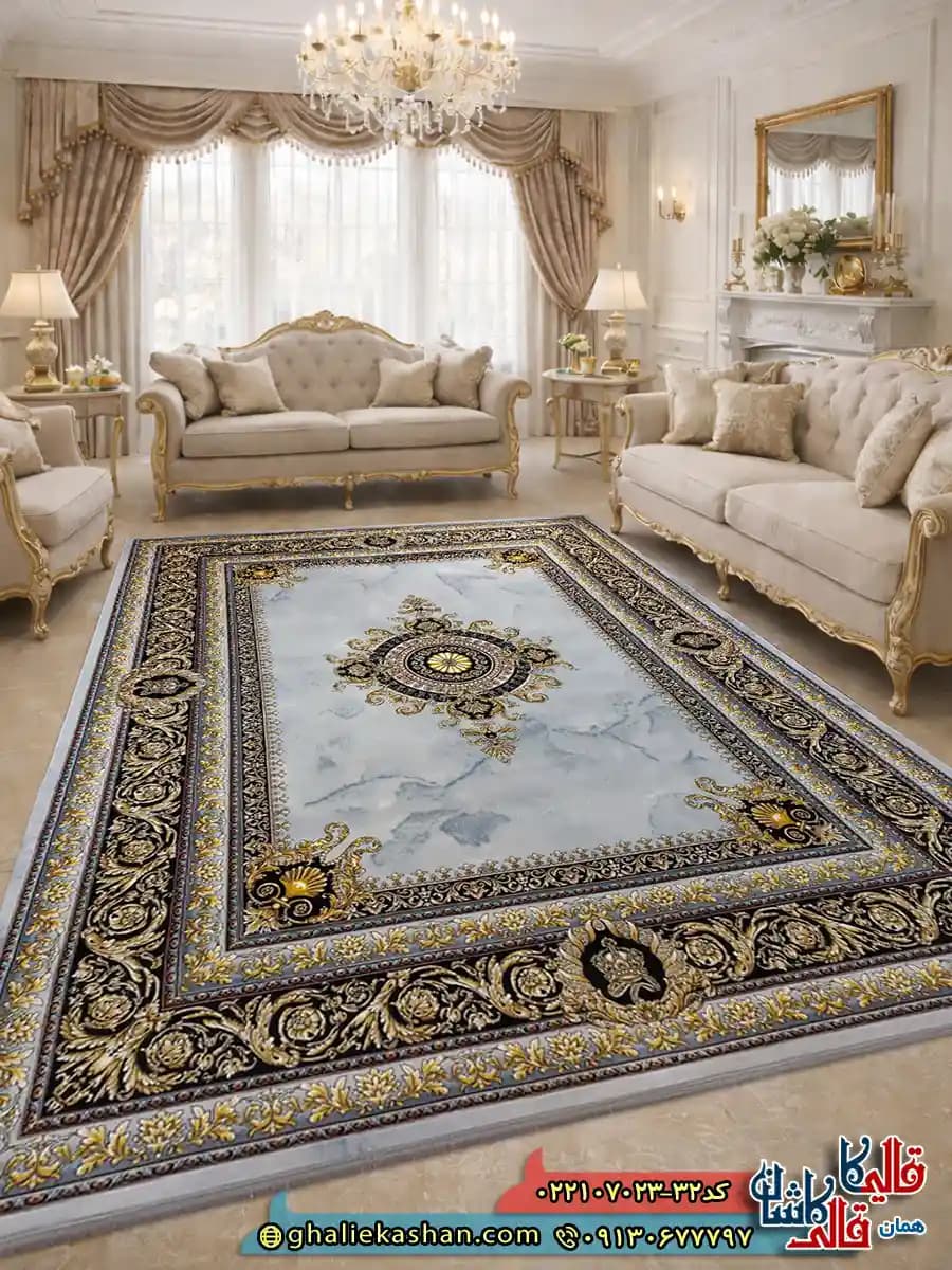فرش 700 شانه طرح ورساچه جیوا رنگ طوسی سیلور کاشان