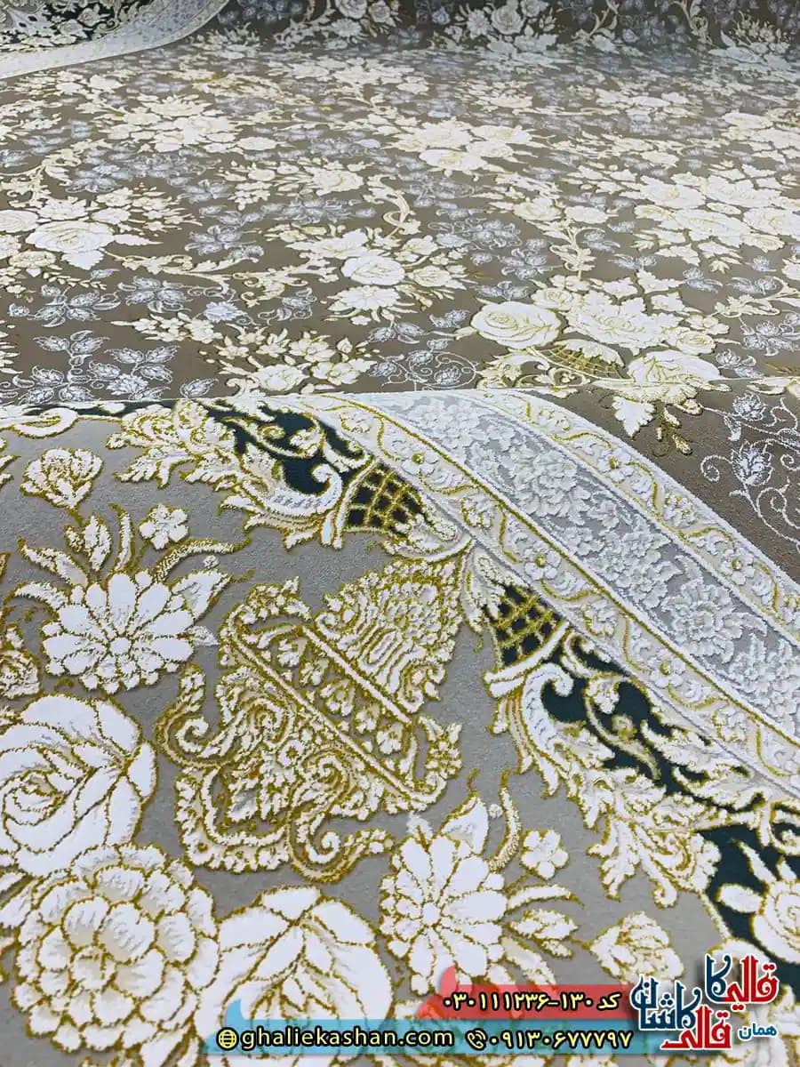 فرش طلاکوب 1200 شانه طرح افشان طلا رنگ قهوه ای نسکافه ای گل برجسته کاشان — تصویر ۴