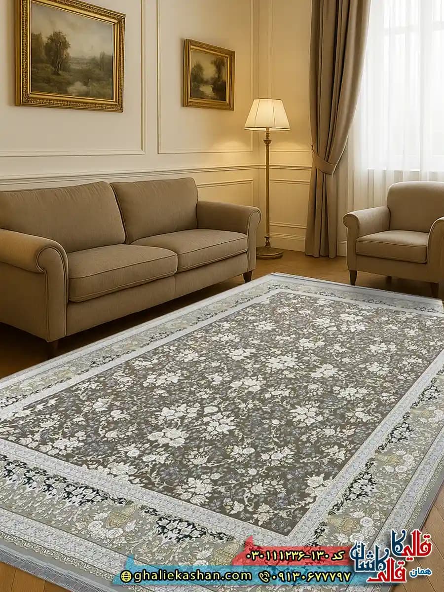 فرش طلاکوب 1200 شانه طرح افشان طلا رنگ قهوه ای نسکافه ای گل برجسته کاشان