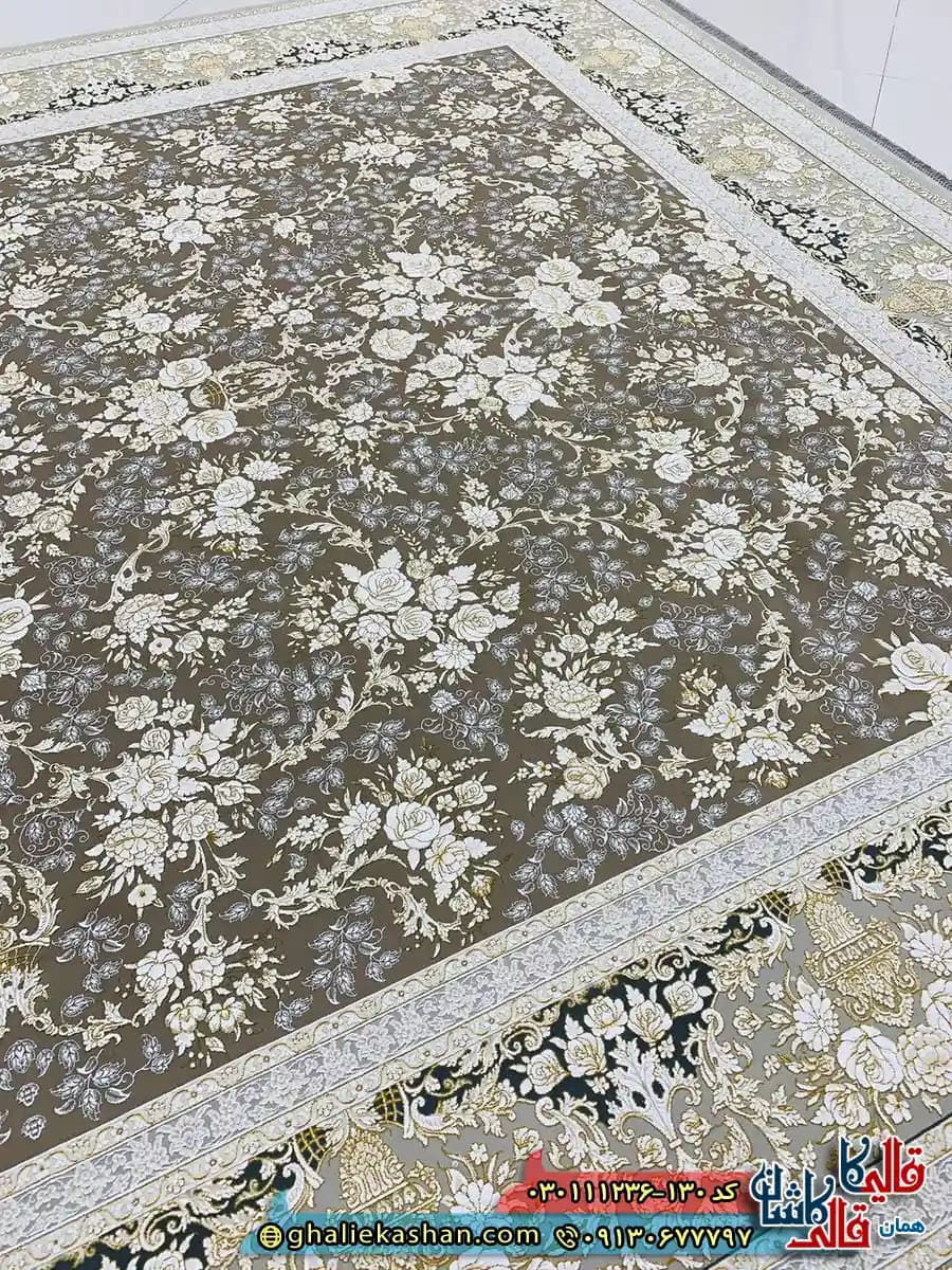 فرش طلاکوب 1200 شانه طرح افشان طلا رنگ قهوه ای نسکافه ای گل برجسته کاشان — تصویر ۳