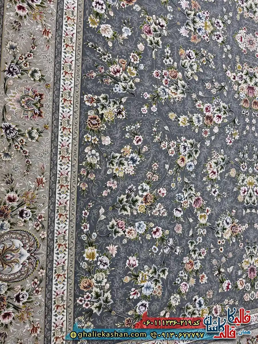فرش 1200 شانه طرح افشان یاشار رنگ طوسی دودی گل برجسته کاشان — تصویر ۵