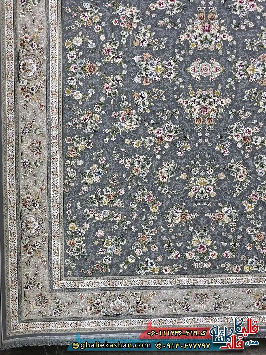 فرش 1200 شانه طرح افشان یاشار رنگ طوسی دودی گل برجسته کاشان — تصویر ۳