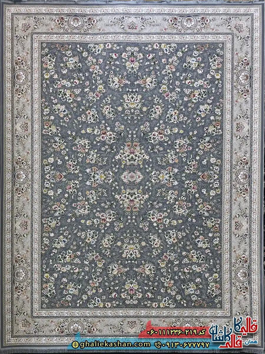 فرش 1200 شانه طرح افشان یاشار رنگ طوسی دودی گل برجسته کاشان — تصویر ۲