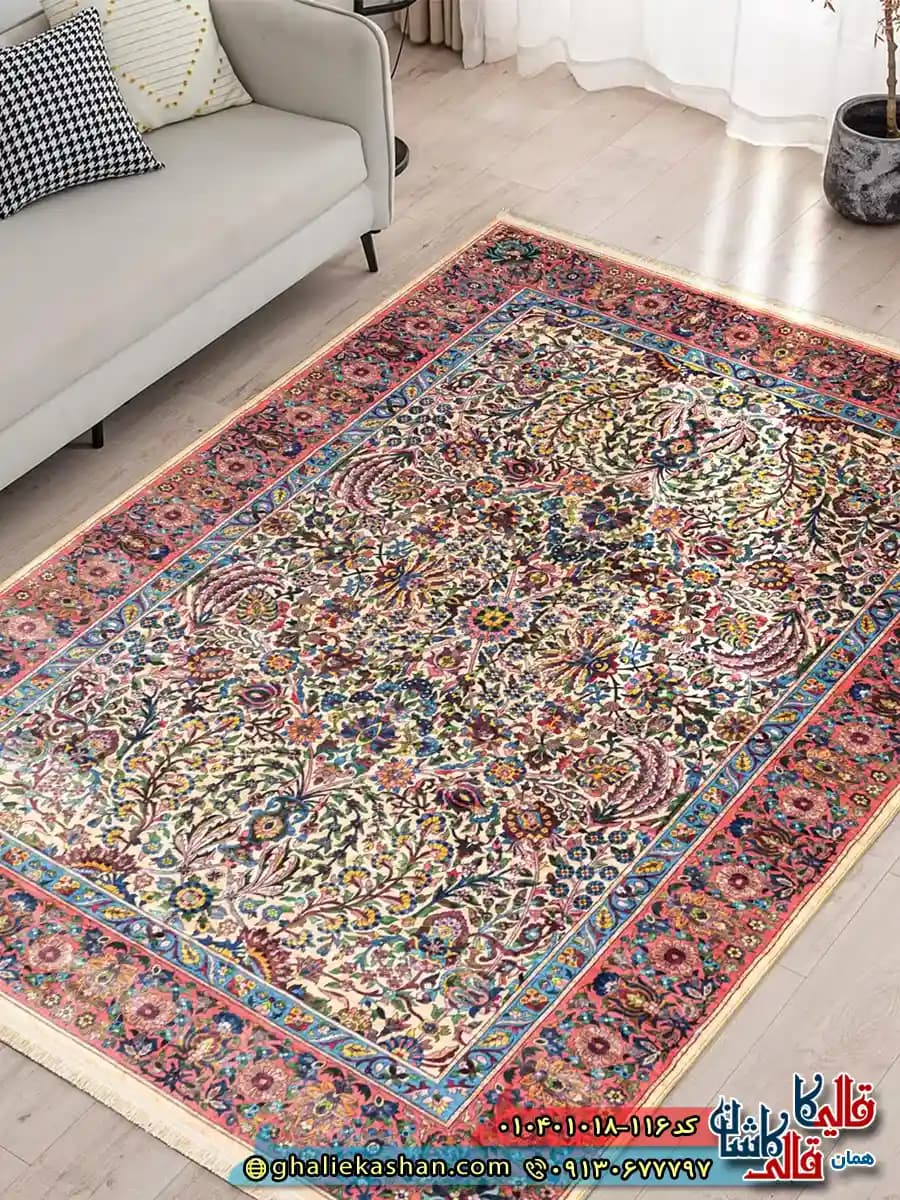 فرش سنتی وینتیج 1000 شانه طرح افشان هزارگل کرمان زمینه کرم کاشان