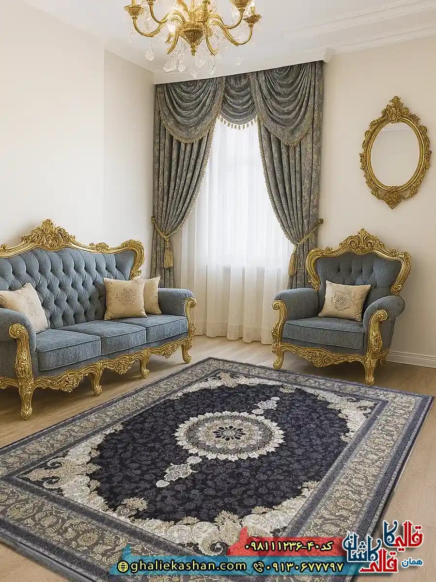 فرش طلاکوب 1200 شانه طرح شاهکار اصفهان رنگ طوسی دودی گل برجسته کاشان