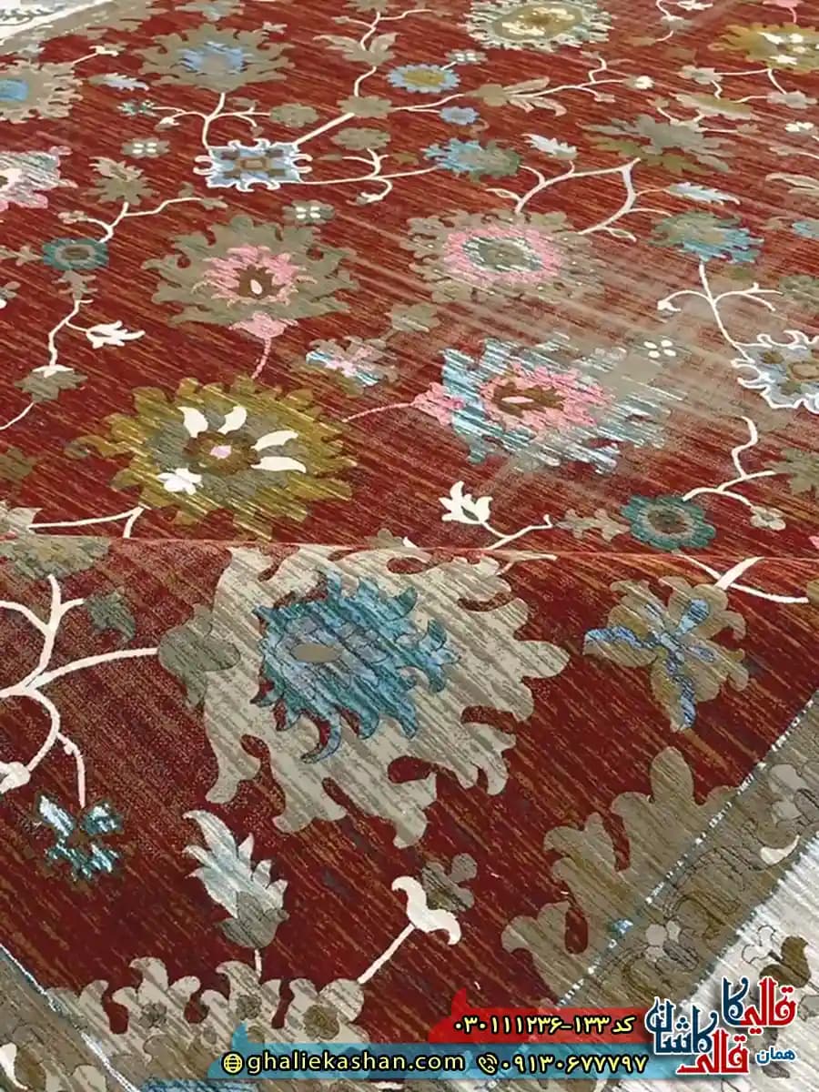 فرش وینتیج 1200 شانه طرح افشان سلطان آباد گیلدا رنگ قرمز لاکی گل برجسته کاشان — تصویر ۳
