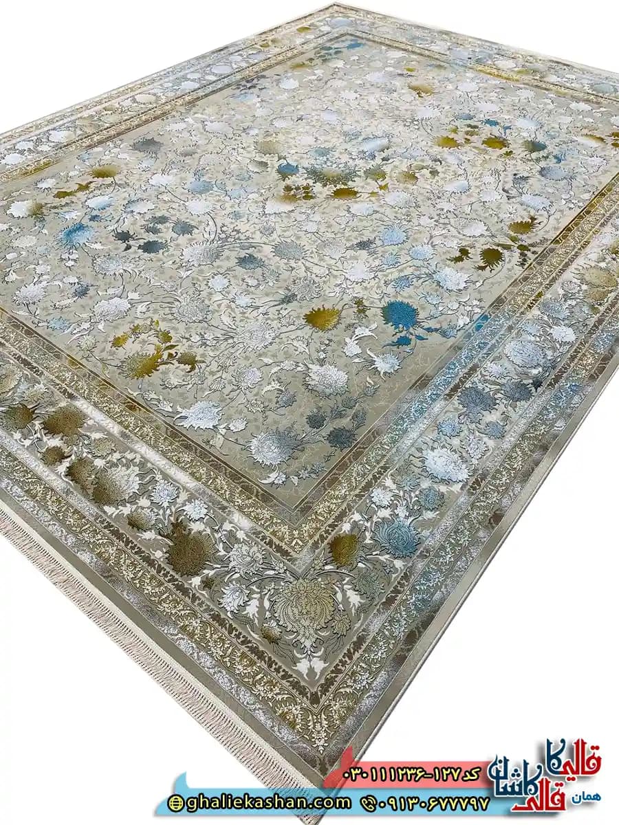 فرش وینتیج 1200 شانه طرح افشان شاهکار رنگ کرم صدفی گل برجسته کاشان — تصویر ۲