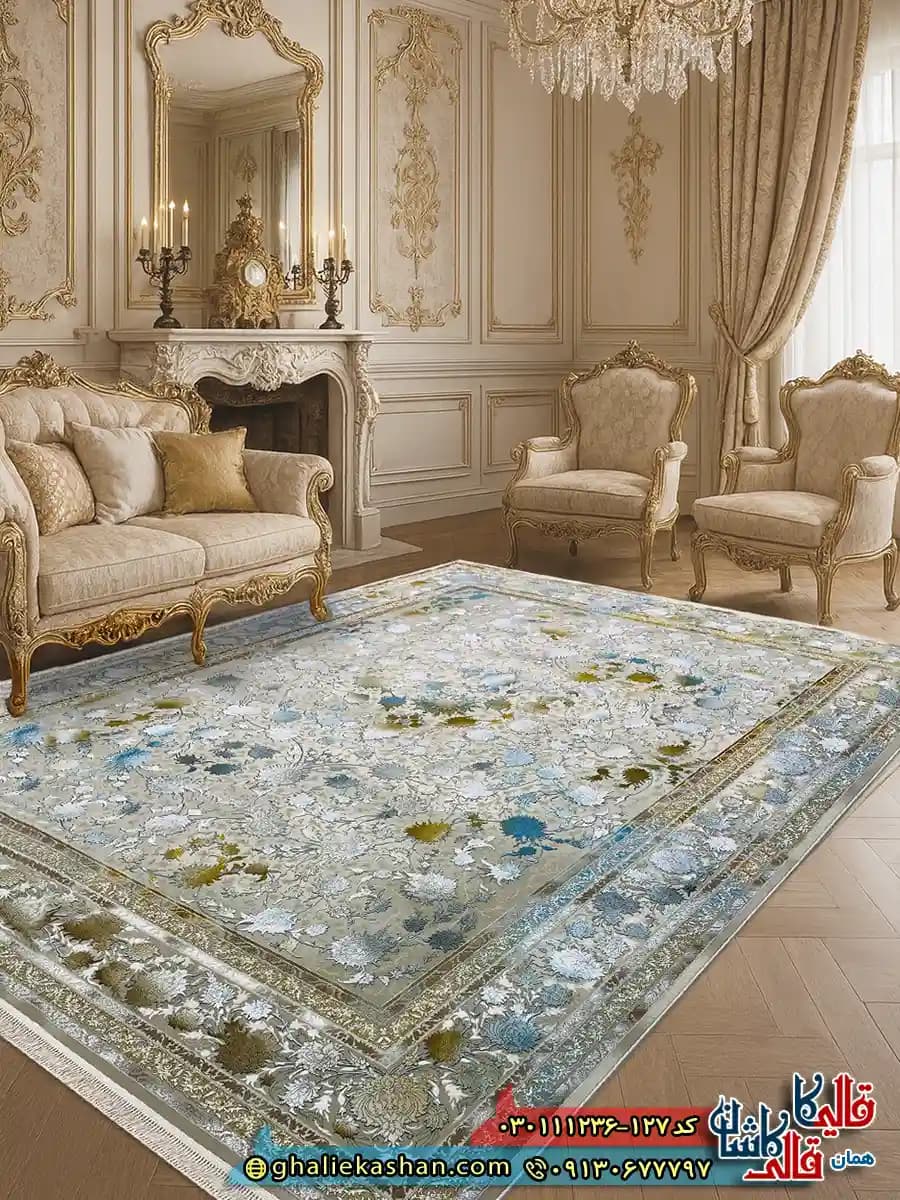 فرش وینتیج 1200 شانه طرح افشان شاهکار رنگ کرم صدفی گل برجسته کاشان