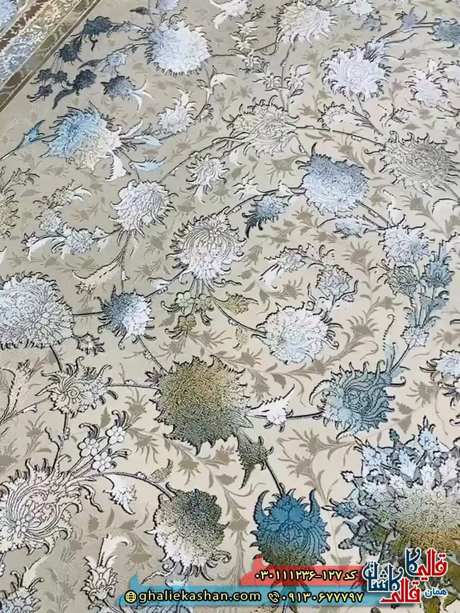 فرش وینتیج 1200 شانه طرح افشان شاهکار رنگ کرم صدفی گل برجسته کاشان — تصویر ۵