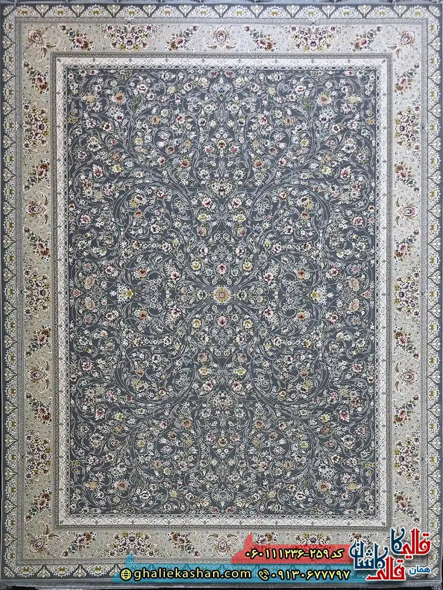 فرش 1200 شانه طرح افشان یونا رنگ طوسی دودی گل برجسته کاشان — تصویر ۲