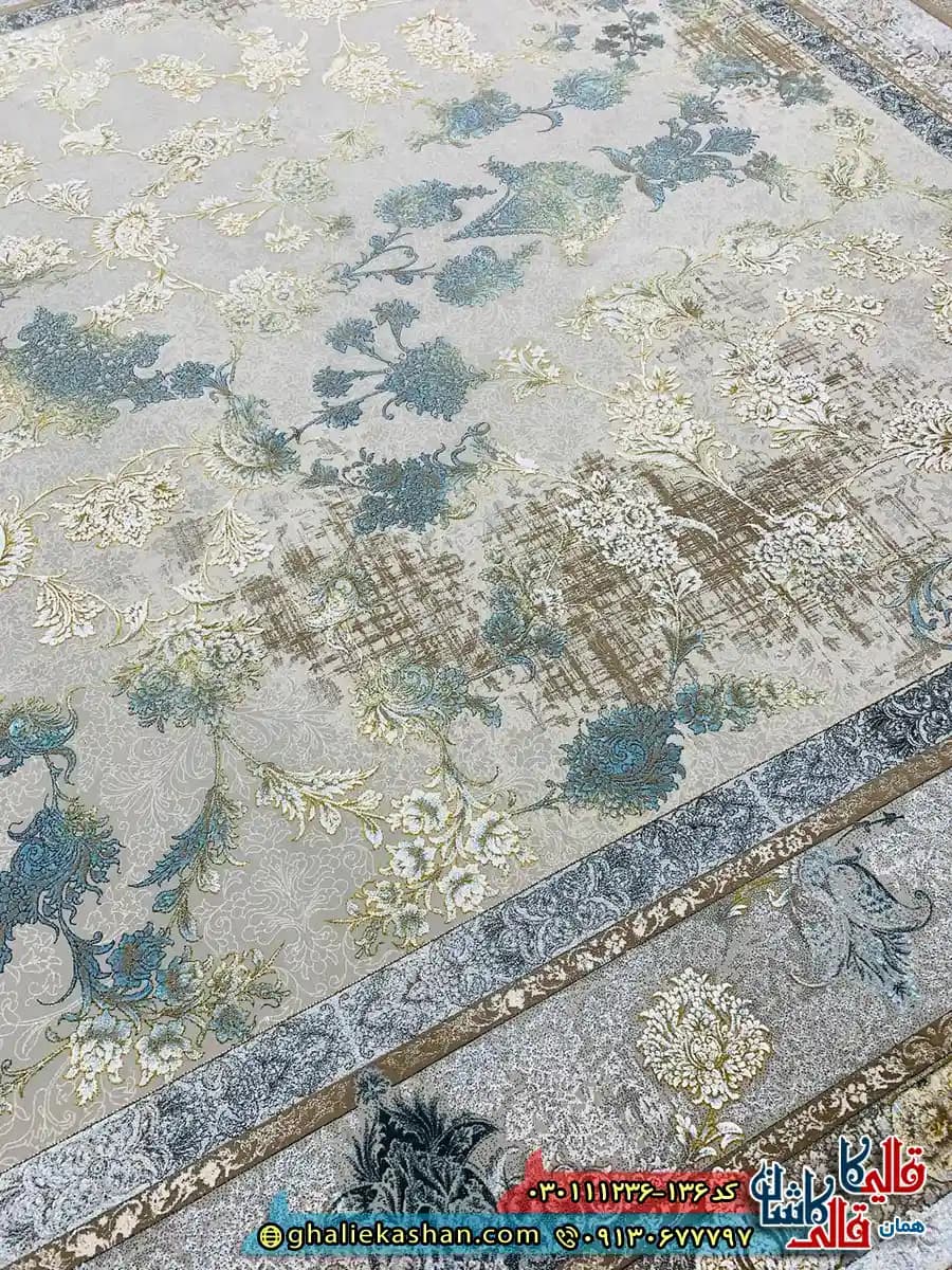 فرش وینتیج 1200 شانه طرح افشان میلان رنگ فیلی ترمه ای آبی گل برجسته کاشان — تصویر ۳