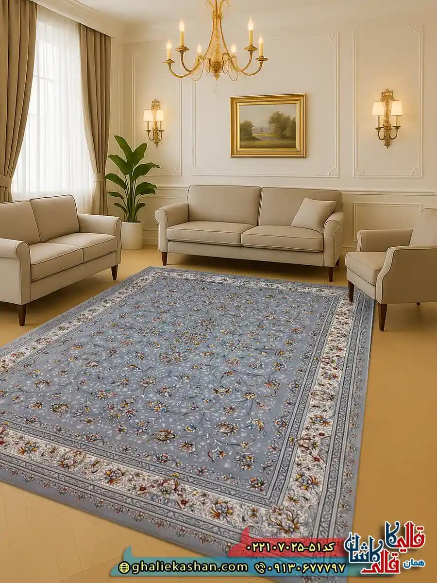 فرش 700 شانه طرح افشان وفا رنگ طوسی نقره ای کاشان