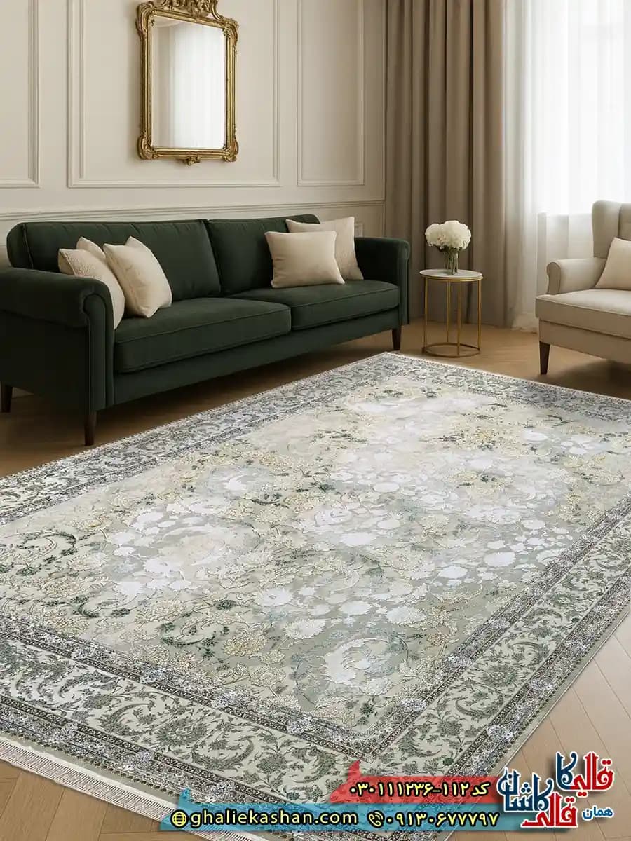 فرش وینتیج 1200 شانه طرح افشان پریناز رنگ کرم صدفی سبز گل برجسته کاشان