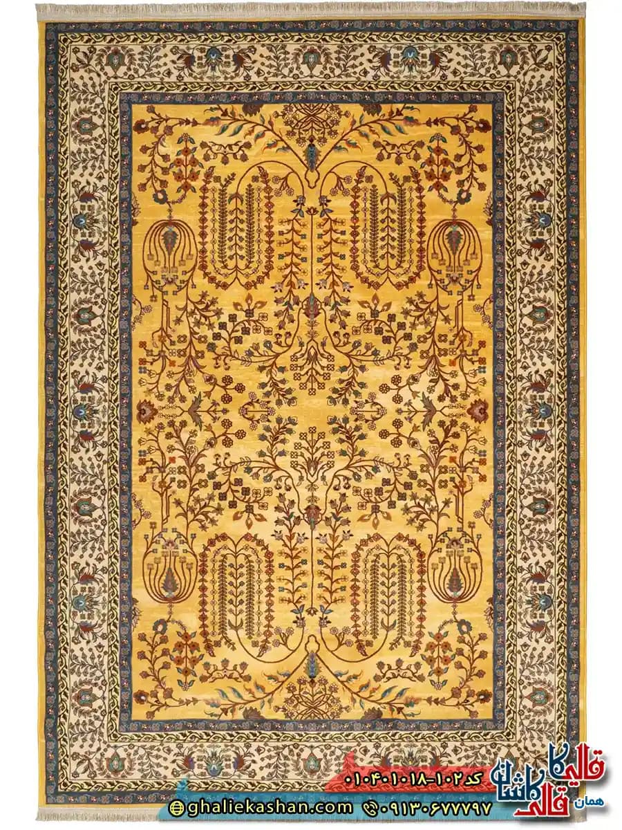 فرش سنتی 1000 شانه طرح افشان درختی مجنون زمینه طلایی کاشان