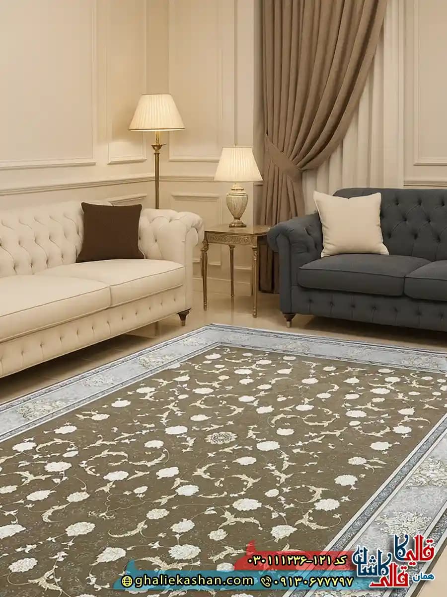 فرش 1200 شانه طرح افشان زرگل رنگ قهوه ای نسکافه ای گل برجسته کاشان