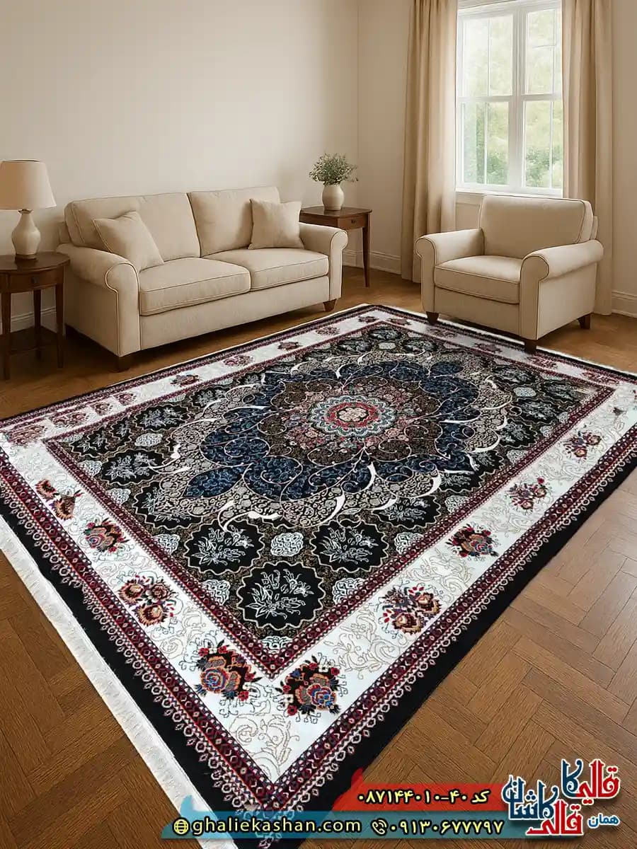 فرش ارزان طرح 700 شانه طرح چکاوک رنگ سرمه ای کاشان