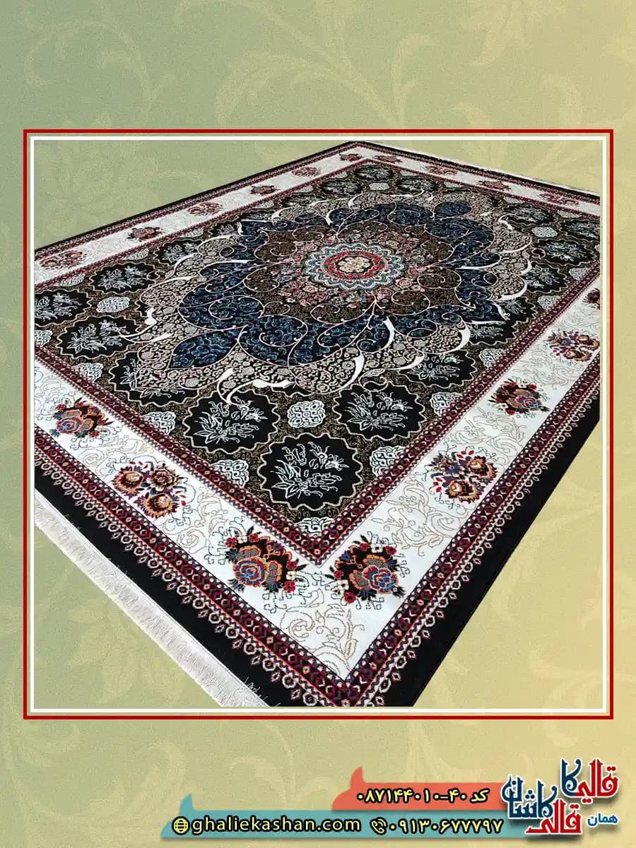 فرش ارزان طرح 700 شانه طرح چکاوک رنگ سرمه ای کاشان — تصویر ۲