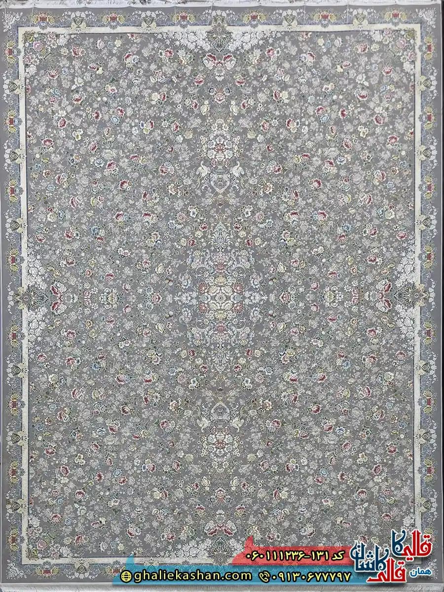 فرش 1200 شانه طرح افشان گلبهار رنگ طوسی نقره ای کاشان — تصویر ۲
