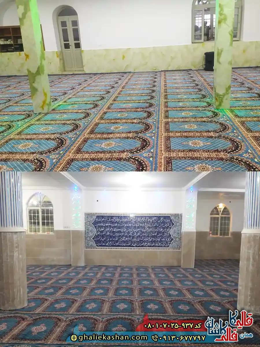 فرش مسجد 700 شانه طرح فردوس رنگ آبی فیروزه ای کاشان — تصویر ۵