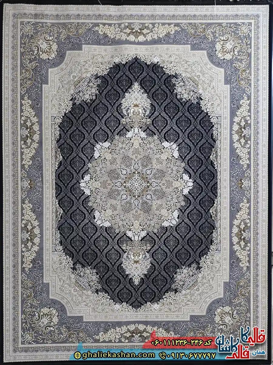 فرش طلاکوب 1200 شانه طرح مژده رنگ سرمه ای گل برجسته کاشان — تصویر ۲