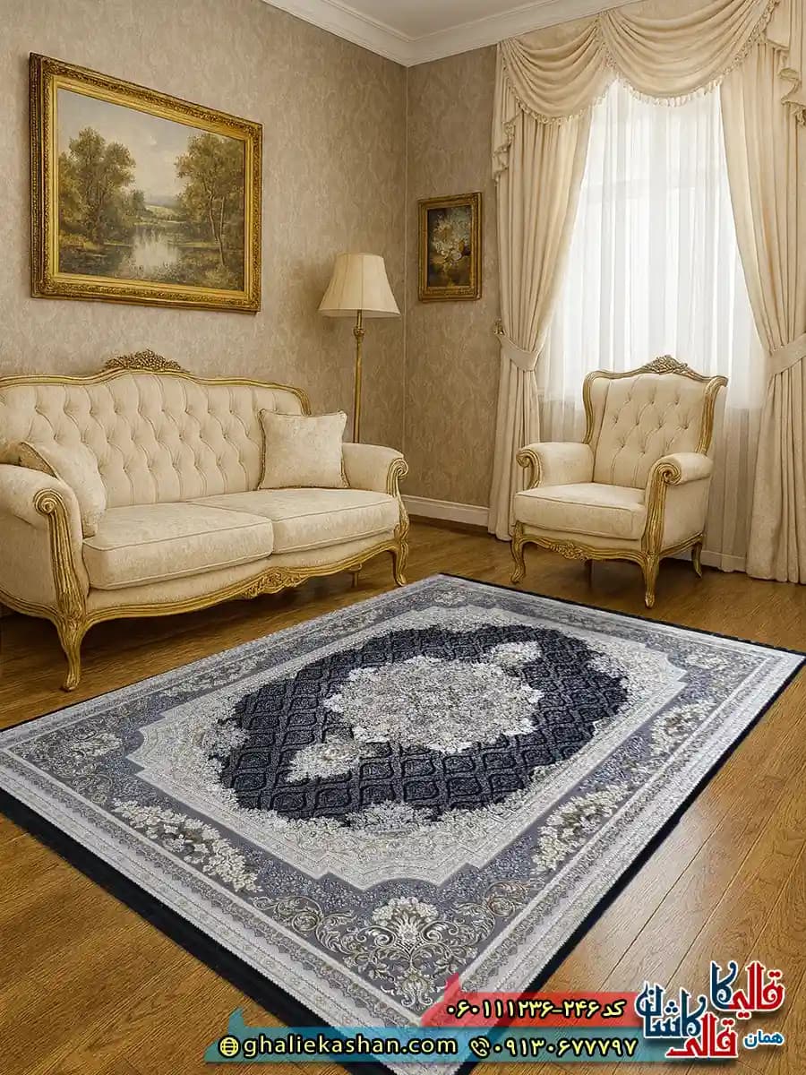 فرش طلاکوب 1200 شانه طرح مژده رنگ سرمه ای گل برجسته کاشان