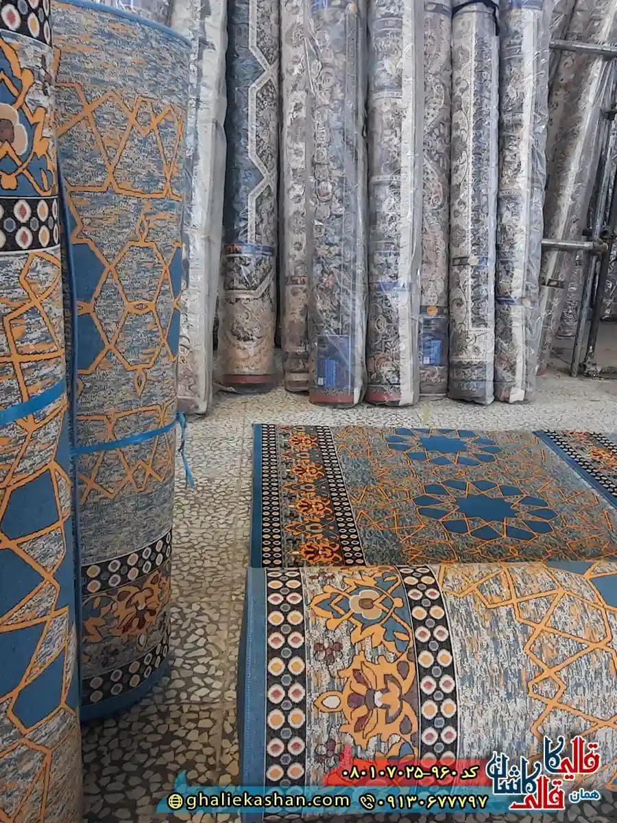 سجاده فرش نماز و مسجد 700 شانه کاشان طرح تشربفات شمسه رنگ آبی — تصویر ۵