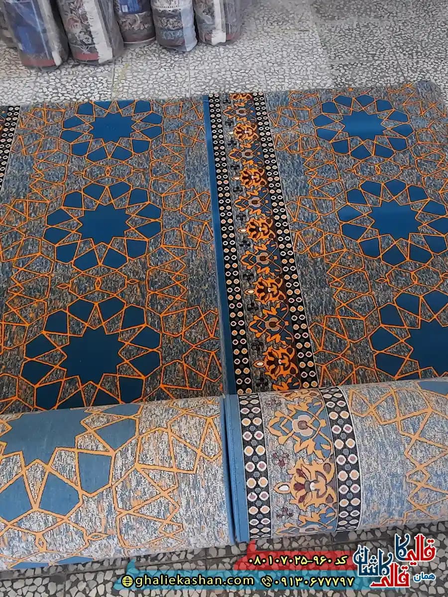 سجاده فرش نماز و مسجد 700 شانه کاشان طرح تشربفات شمسه رنگ آبی