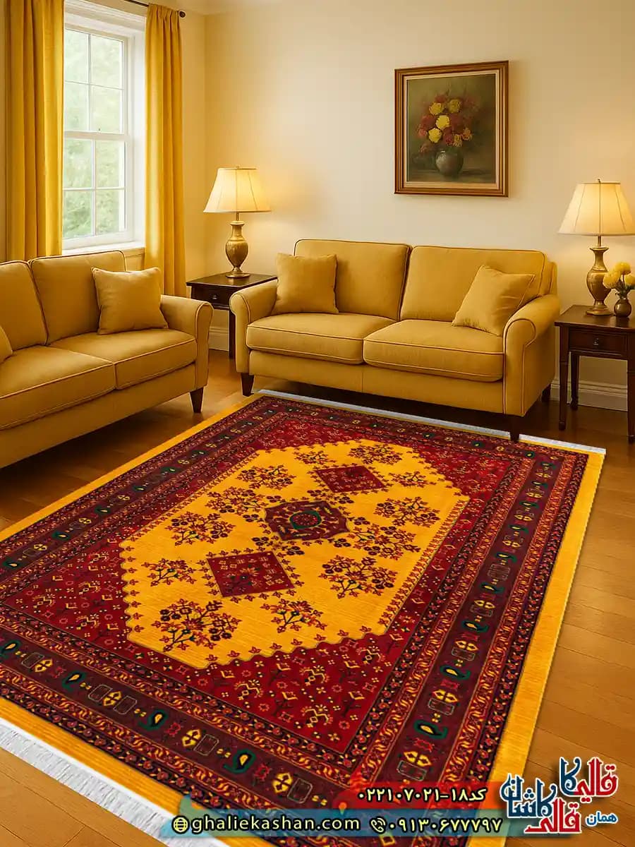 فرش سنتی 700 شانه طرح ساتین رنگ طلایی کاشان