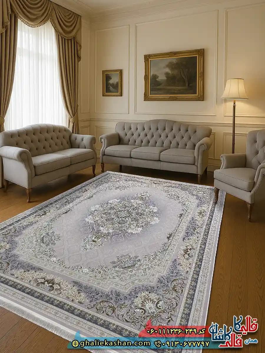 فرش طلاکوب 1200 شانه طرح مژده رنگ طوسی یاسی گل برجسته کاشان