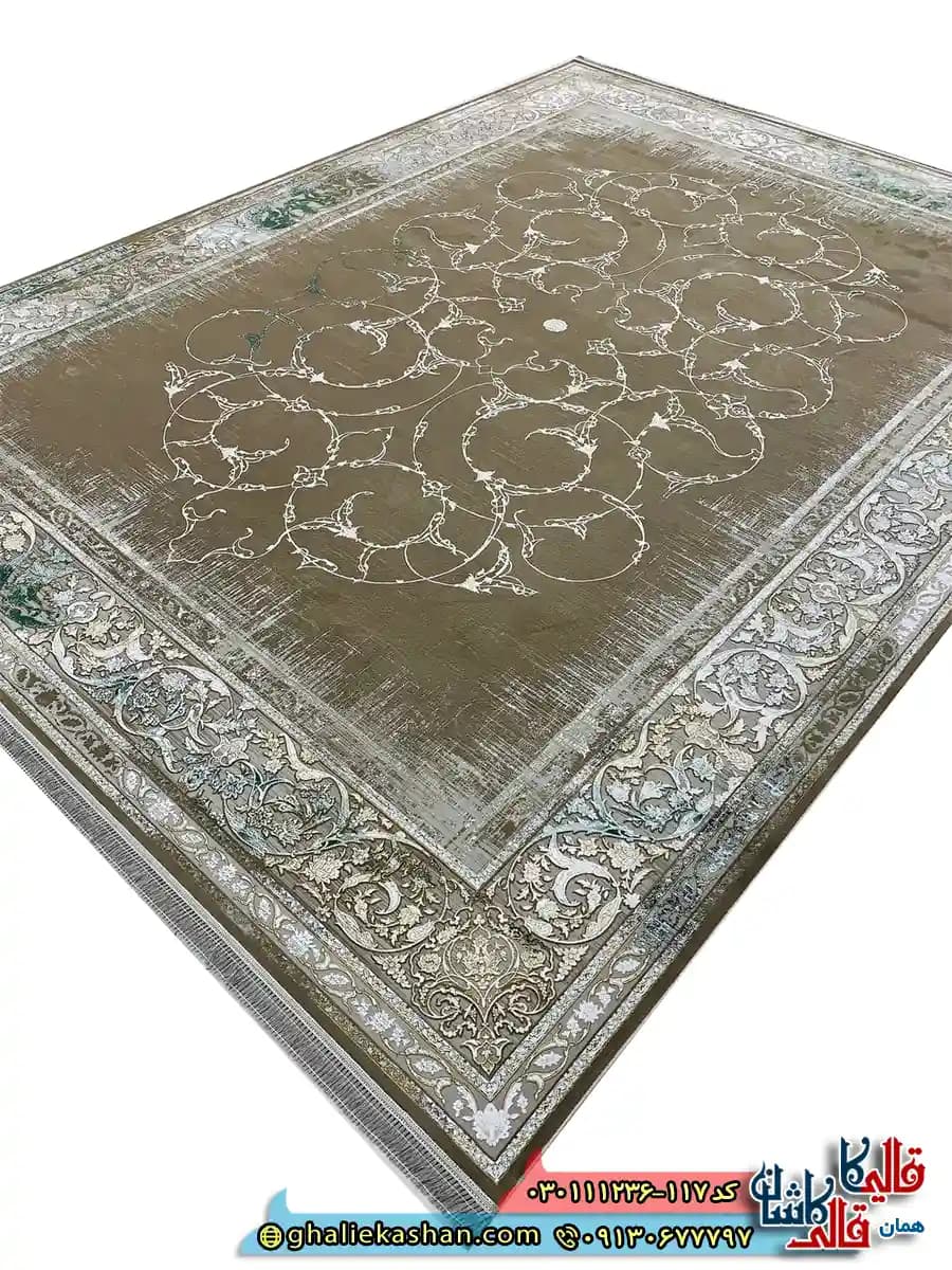 فرش وینتیج 1200 شانه طرح افشان روناک رنگ قهوه ای نسکافه ای گل برجسته کاشان — تصویر ۲