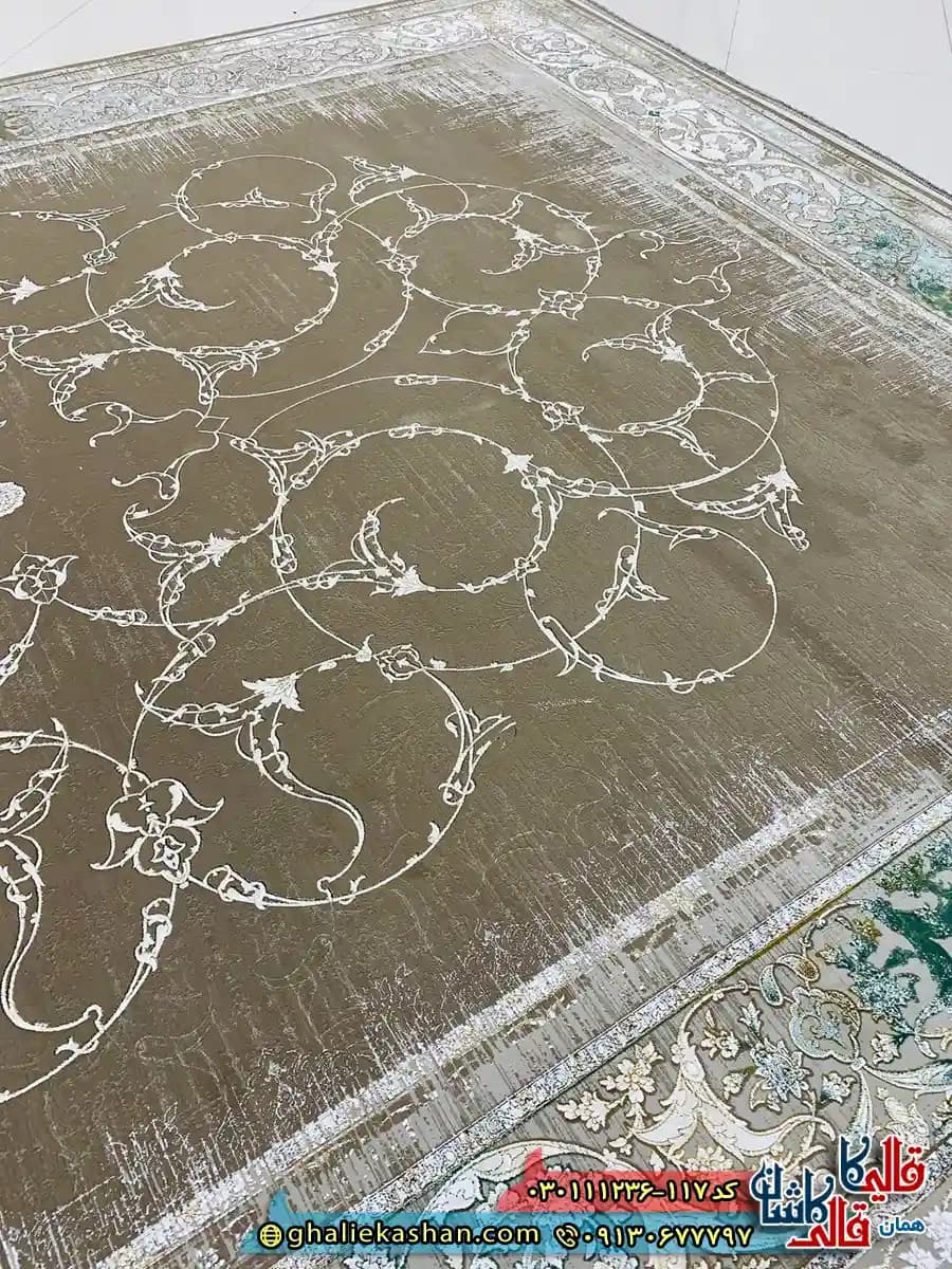 فرش وینتیج 1200 شانه طرح افشان روناک رنگ قهوه ای نسکافه ای گل برجسته کاشان — تصویر ۳