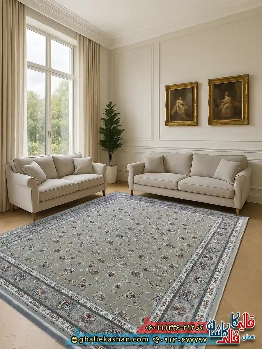 فرش 1200 شانه طرح افشان نارسیس رنگ بژ گل برجسته کاشان