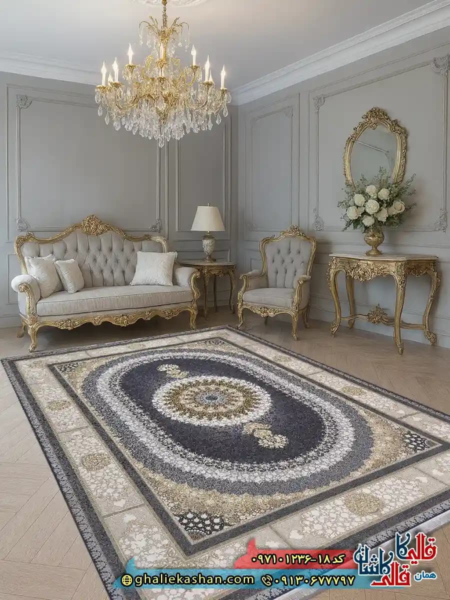 فرش 1200 شانه طرح صدرا رنگ طوسی دلفینی گل برجسته کاشان