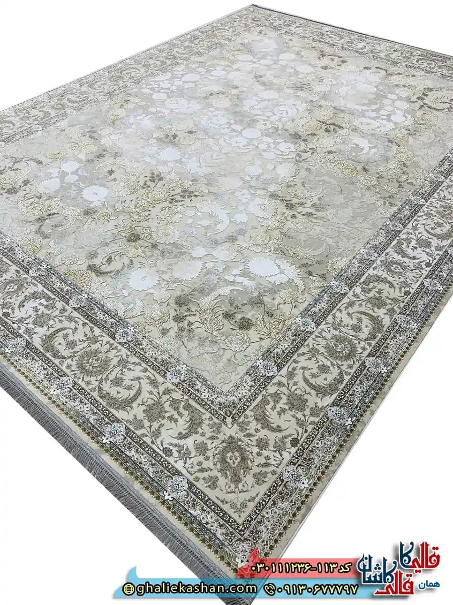 فرش وینتیج 1200 شانه طرح افشان پریناز رنگ کرم صدفی گل برجسته کاشان — تصویر ۲