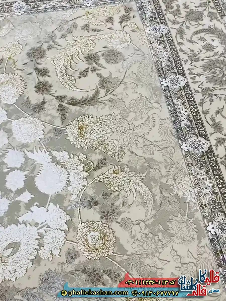 فرش وینتیج 1200 شانه طرح افشان پریناز رنگ کرم صدفی گل برجسته کاشان — تصویر ۵