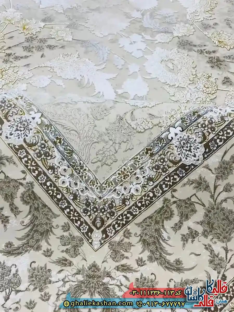 فرش وینتیج 1200 شانه طرح افشان پریناز رنگ کرم صدفی گل برجسته کاشان — تصویر ۳