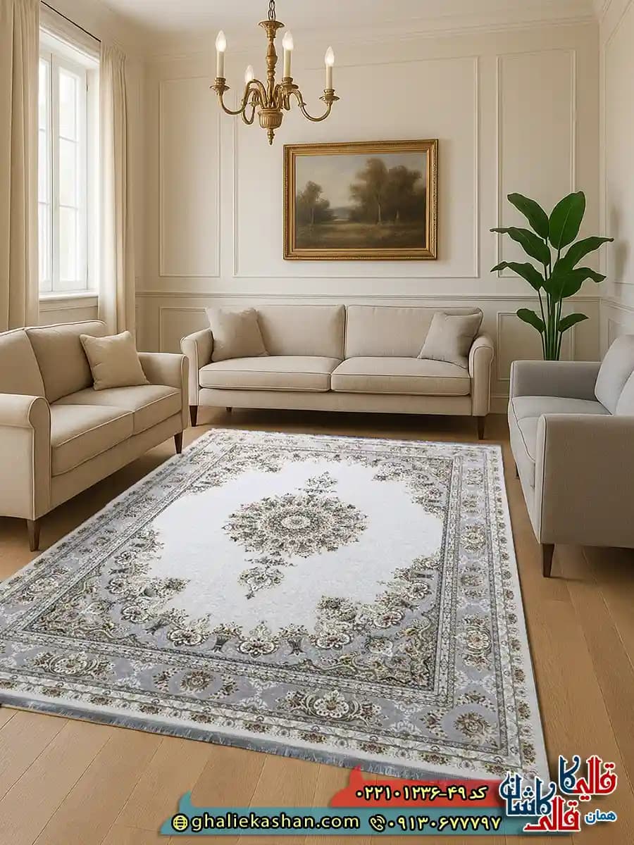 فرش 1200 شانه طرح پاشا رنگ طوسی سیلور کاشان