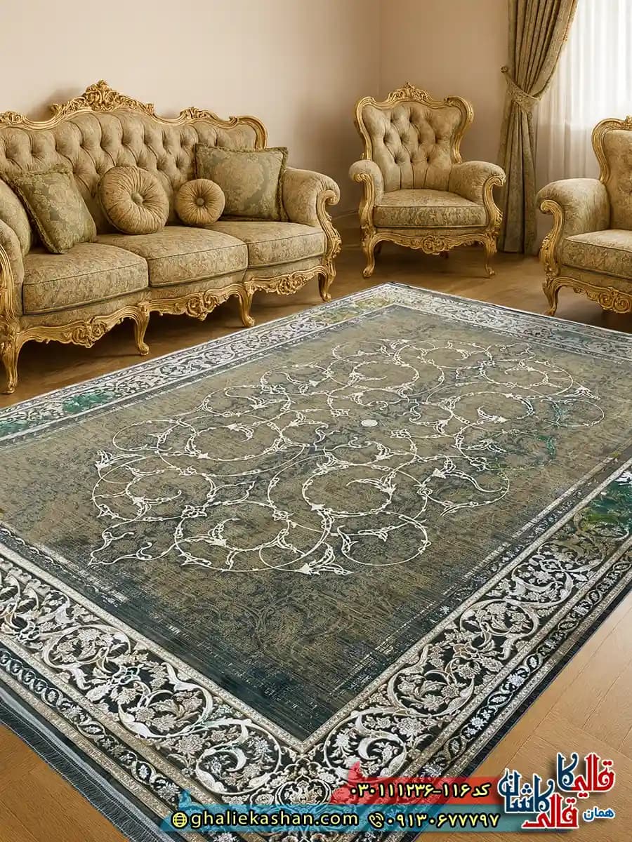 فرش وینتیج 1200 شانه طرح افشان روناک رنگ طوسی دودی گل برجسته کاشان
