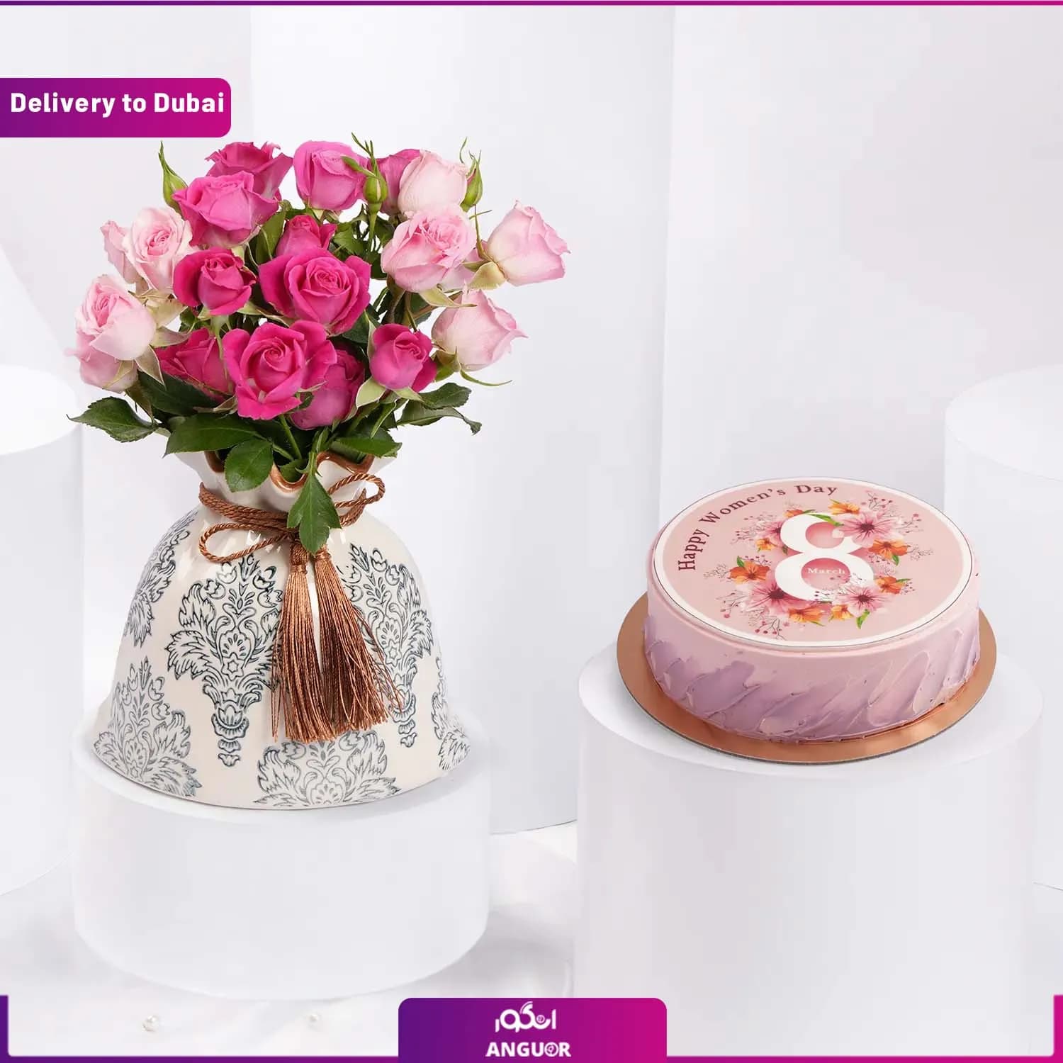 دسته گل رز و کیک (تحویل در دبی)